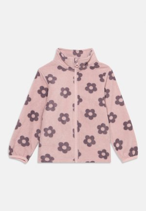 Veste polaire rose avec une fermeture éclair intégrale à l’avant et des motifs floraux violet foncé, avec manches longues et col montant.