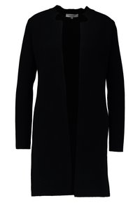 Svart cardigan med långa ärmar, öppen front och en minimalistisk design. Tillverkad av ett mjukt tyg med en slät yta och inga utsmyckningar.