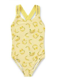 Gul baddräkt med mönster av bananer och citroner, med korsade band och en slät yta. Lämplig för vattenaktiviteter.