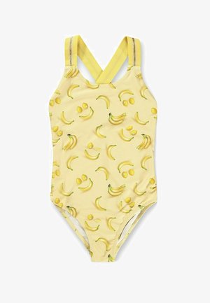 Gelber Badeanzug mit einem Muster aus Bananen und Zitronen, mit überkreuzten Trägern und einer glatten Textur. Geeignet für Wasseraktivitäten.