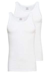 Two white cotton tank tops with ribbed texture, sleeveless design, and round necklines. Each features a label at the neckline.