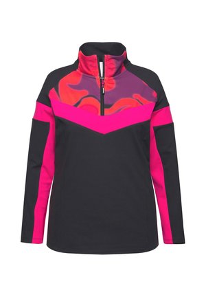 Pullover con colletto alto, caratterizzato da un corpo nero, pannelli rosa e un design astratto colorato sulla parte superiore del petto. Chiusura frontale con zip.