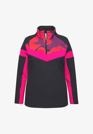 Pullover mit hohem Kragen, schwarzer Körper, pinken Einsätzen und einem bunten abstrakten Design auf der oberen Brust. Reißverschluss vorne.