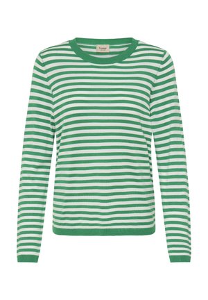 Zeleno-beli dolgo rokavni pulover z okroglim izrezom in rebrastimi manšetami. Mehka tkanina z enakomernimi črtami in sproščenim krojem.