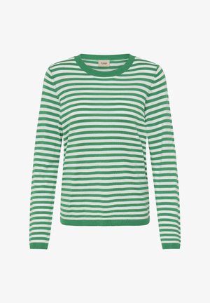 Zeleno-beli dolgo rokavni pulover z okroglim izrezom in rebrastimi manšetami. Mehka tkanina z enakomernimi črtami in sproščenim krojem.