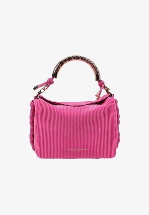 Pink corduroy handbag with a braided side, featuring a gold-tone handle and zip closure. Gold logo accent on the front.