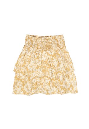 Gelber Rock mit Blumenmuster aus leichtem Stoff, mit einem gerafften Bund und gestuften Rüschen am Saum.