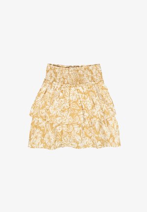 Falda con estampado floral amarillo hecha de tela ligera, con cinturilla fruncida y volantes en capas a lo largo del dobladillo.