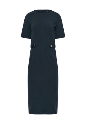 Abito aderente blu navy realizzato in tessuto liscio, con maniche corte, scollo rotondo e due accenti esagonali decorativi in vita.