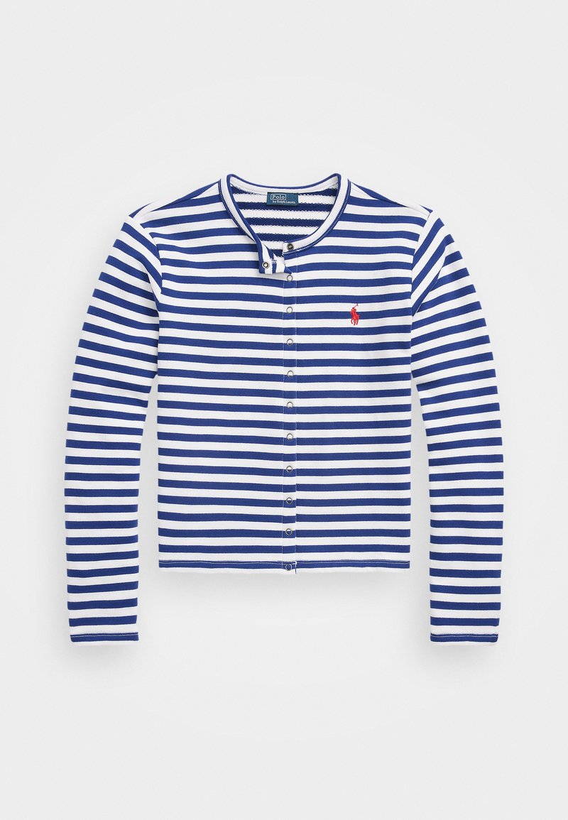 Dryžuotas kardiganas su ilgomis rankovėmis, mėlynos ir baltos horizontalios juostos, mygtukų uždarymas ir mažas raudonas logotipas kairėje krūtinės pusėje.