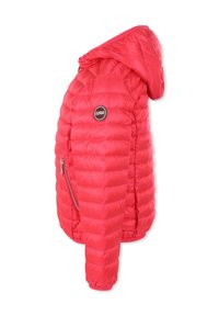 Giacca rossa gonfiabile con cappuccio, caratterizzata da un design trapuntato, tasca laterale con zip e un logo rotondo sulla manica. Materiale liscio e lucido.