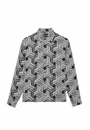 Cămașă cu mâneci lungi, având un model geometric alb-negru cu efect 3D. Confecționată dintr-un material ușor, cu nasturi pe partea din față.