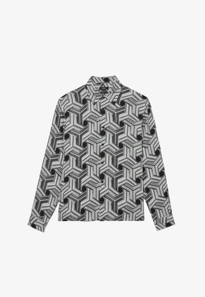 Langärmliges Hemd mit schwarzem und weißem geometrischem Muster und 3D-Effekt. Hergestellt aus leichtem Stoff mit Knöpfen vorne.