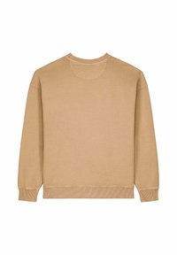 Felpa beige con maniche lunghe, colletto a girocollo, polsini e orlo in costina. Tessuto morbido con un design semplice, senza motivi o hardware visibili.