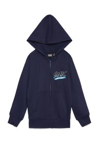 Felpa con cappuccio e zip color blu marino realizzata in tessuto morbido, con tasca frontale, polsini a costine e una grafica di Sonic the Hedgehog sul petto.