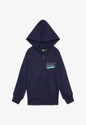 Felpa con cappuccio e zip color blu marino realizzata in tessuto morbido, con tasca frontale, polsini a costine e una grafica di Sonic the Hedgehog sul petto.