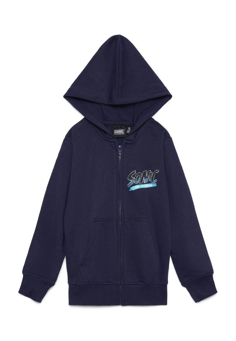 Felpa con cappuccio e zip color blu marino realizzata in tessuto morbido, con tasca frontale, polsini a costine e una grafica di Sonic the Hedgehog sul petto.