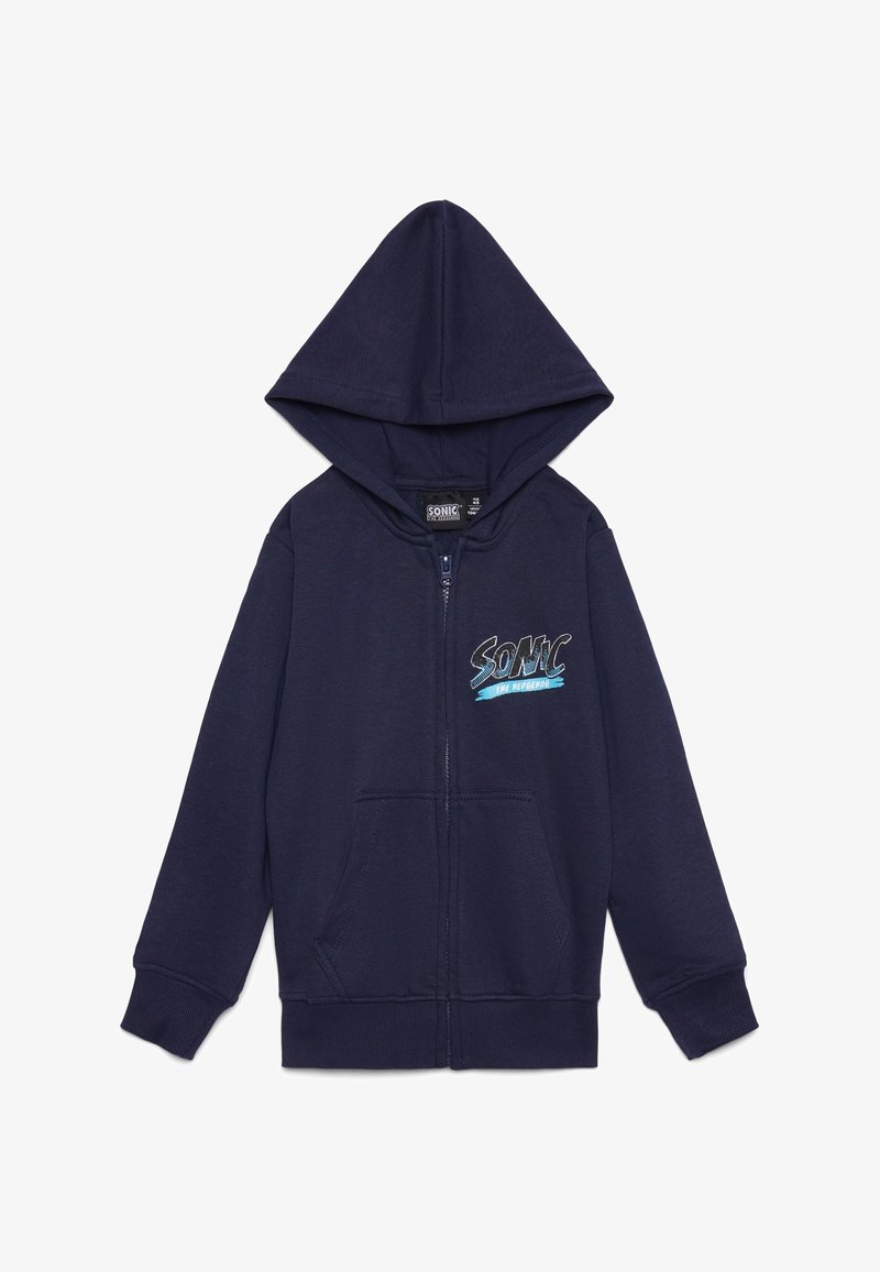 Felpa con cappuccio e zip color blu marino realizzata in tessuto morbido, con tasca frontale, polsini a costine e una grafica di Sonic the Hedgehog sul petto.
