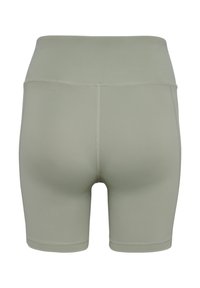 Höga, åtsittande shorts i en dämpad grön tyg. Slät textur med förstärkt sömnad och längd till mitten av låret.