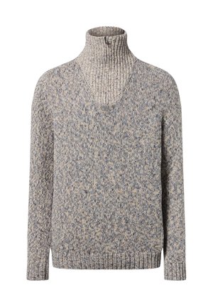 Grau-beiger melierter Strickpullover mit langen Ärmeln, geripptem Rollkragen sowie geripptem Saum und Bündchen.