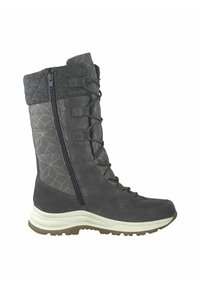 Bota impermeable gris con ante texturizado y tela de patrón geométrico; cuenta con una cremallera lateral, diseño con cordones y una suela acolchada.