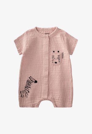 Roze katoenen romper met korte mouwen, voorzien van een zebraprint aan de voorkant en een zak. Het heeft een knoopsluiting en een gestructureerde stof.
