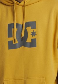 Felpa gialla realizzata in morbido tessuto, caratterizzata da un grande logo DC grigio con una stella. Include una tasca frontale e un cappuccio regolabile con cordino.