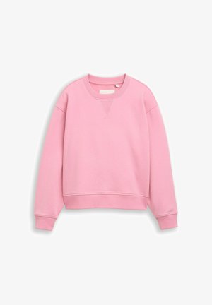 Felpa rosa a maniche lunghe con scollo a girocollo, polsini e orlo a coste, mostrata distesa su sfondo bianco.