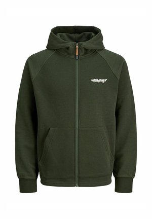 Mörkgrön zip-up hoodie med en strukturerad ribbad design på axlarna, framfickor och en logotryck. Har en huva och matchande ärmslut.