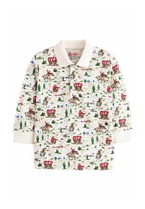 Koszulka polo w kolorze off-white z kolorowym nadrukiem w stylu western, przedstawiającym kowbojów, wozy, kaktusy i kwiaty; długie rękawy z mankietami.