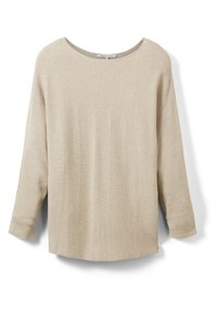 Beige Langarmshirt aus strukturiertem Stoff mit einem weiten Ausschnitt und lockerer Passform, ausgestattet mit einem leicht abgerundeten Saum.
