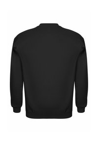 Černá mikina se širokým výstřihem, dlouhými rukávy a žebrovanými manžetami a spodním lemem. Má hladkou strukturu a neobsahuje žádné viditelné logo nebo vzory.