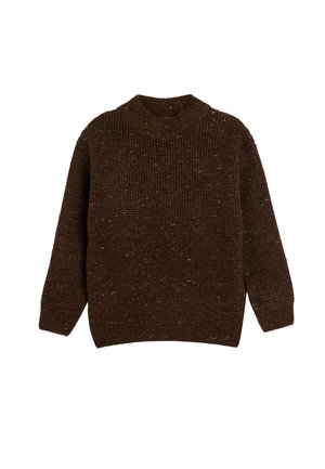 Brauner Strickpullover mit gerippter Struktur, leichtem Rollkragen, langen Ärmeln und verstreuten hellen Flecken im gesamten Stoff.