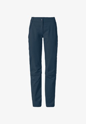 Marineblaue, leichte Wanderhosen mit Reißverschlusstaschen, einem Knopfverschluss und verstellbaren Säumen. Hergestellt aus strapazierfähigem, atmungsaktivem Material.