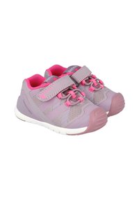 Scarpe sportive per bambini in viola e rosa con design a rete, cinturini in Velcro, suola in gomma texturizzata e intersuola bianca a contrasto.