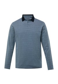 Dlouhý rukáv polo tričko v světle modré barvě s texturovaným vzorem. Černý límeček a detail s třemi knoflíky u krku.