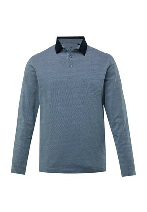 Langarm-Polohemd in Hellblau mit strukturiertem Muster. Schwarzer Kragen und Dreiknopf-Leiste am Hals.