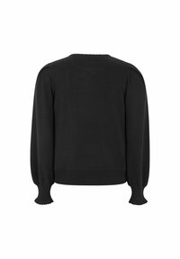 Maglione nero lavorato a maglia con maniche a sbuffo lunghe, scollo rotondo e polsini a costine. Texture liscia con dettagli a balza sui bordi delle maniche.