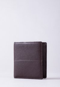 Brown leather wallet with a textured finish, featuring a folded design and stitching accents. Compact and rectangular shape.