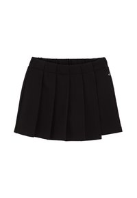 Schwarzer, gefalteter Minirock mit elastischem Bund und kleinem Seitenschild, auf weißem Hintergrund präsentiert.