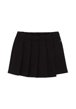 Fustă mini plisată neagră cu talie elastică și etichetă mică pe lateral, expusă pe un fundal alb.