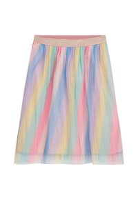 Pastellfarbener plissierter Rock mit einem glitzernden pinken Bund, der horizontale Streifen in Hellblau, Pink, Gelb und Lavendel aufweist. Transparenter Stoff.