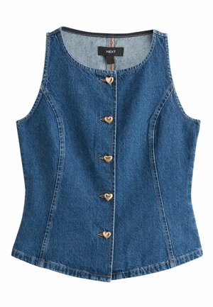 Jeansweste mit figurbetontem Schnitt, rundem Halsausschnitt, sechs herzförmigen Metallknöpfen und kontrastierenden Nähten auf blauem Stoff.