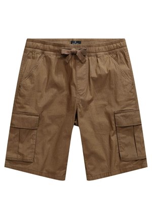 Brązowe szorty cargo z elastycznym paskiem w talii, kieszeniami z przodu oraz dwiema bocznymi kieszeniami cargo. Wykonane z lekkiego, teksturowanego materiału.