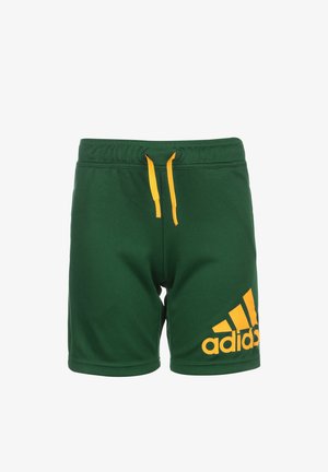 Pantalones cortos deportivos verdes con una cinturilla elástica y cordón amarillo, con un logo de Adidas amarillo en el muslo izquierdo.