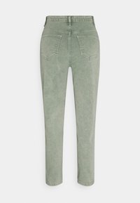 Jeans de mezclilla verdes con un diseño de pierna recta, que cuentan con dos bolsillos traseros y una textura suave, mostrados desde la vista trasera.
