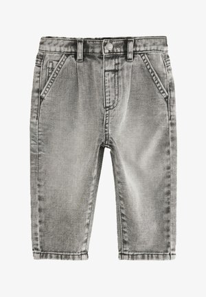 Pantalones vaqueros gris descolorido con bolsillos delanteros, trabillas para cinturón y cierre de botón, mostrados extendidos sobre un fondo blanco.