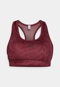 Bordo sportski grudnjak s teksturiranim uzorkom, dizajnom s racerback naramenicama i malim crnim logotipom sprijeda. Izrađen od glatkog, elastičnog materijala.