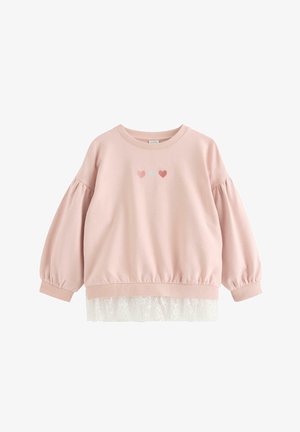 Light pink long-sleeve girls' sweatshirt with three embroidered hearts on chest and white lace trim at bottom hem.
