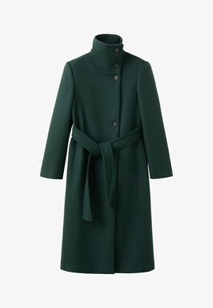 Lungo cappotto verde in lana, con collo alto, cinque bottoni, maniche lunghe, cintura in vita e silhouette a taglio dritto.